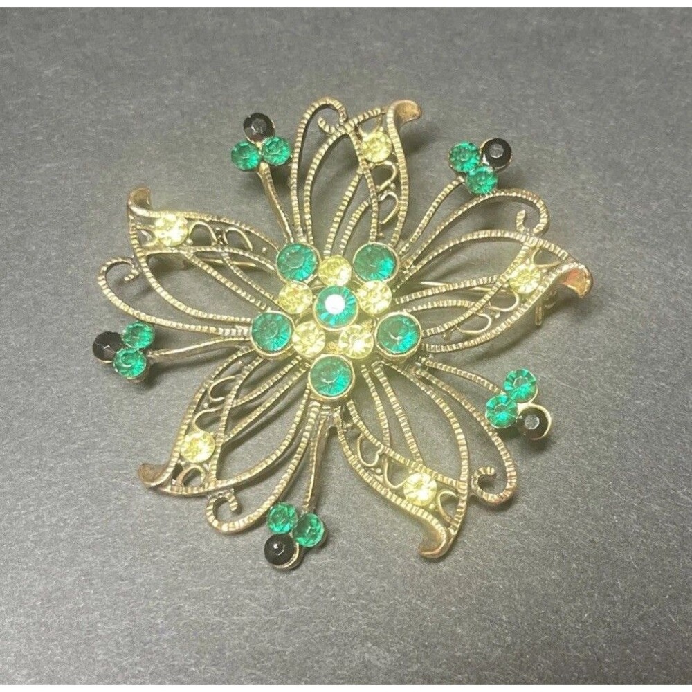 Vintage Green Rhinestone Gold Tone Filigree Brooch Pin Flower Spray 2.5 Inch